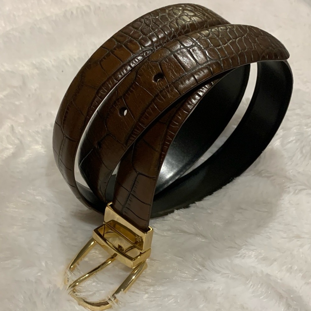 RALPH LAUREN Brown Crocodile-Embossed Leather Belt Gold Accents